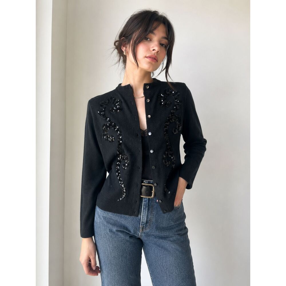 Vintage 1950s Sequined Black Button Up Cardigan Formal Elegant Classic Retro